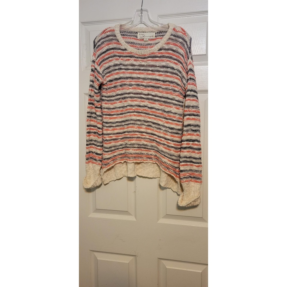 Vintage Havana Striped Knit Sweater Womens Medium Orange Navy Cream High Low Hem